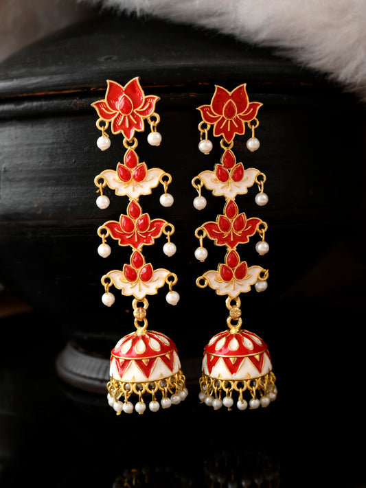 Gold Plated Red Dome Shaped Handcrafted Jhumkas for Women Online