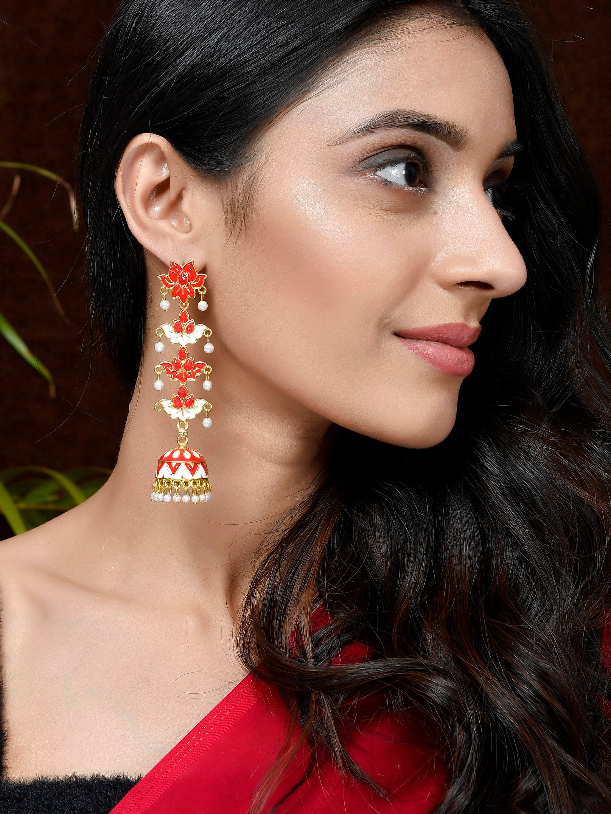 Gold Plated Red Dome Shaped Handcrafted Jhumkas