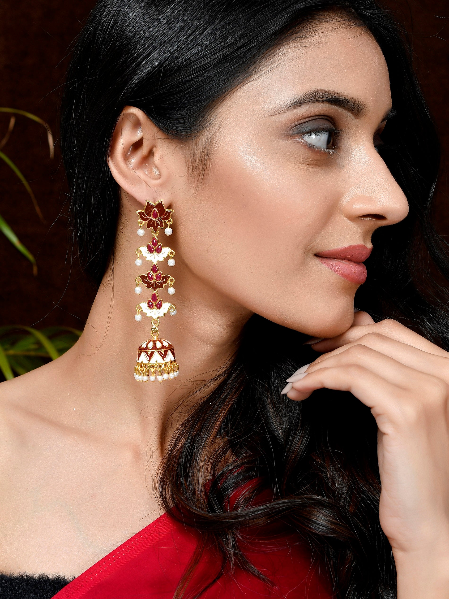 Gold Plated Maroon Dome Shaped Handcrafted Jhumkas
