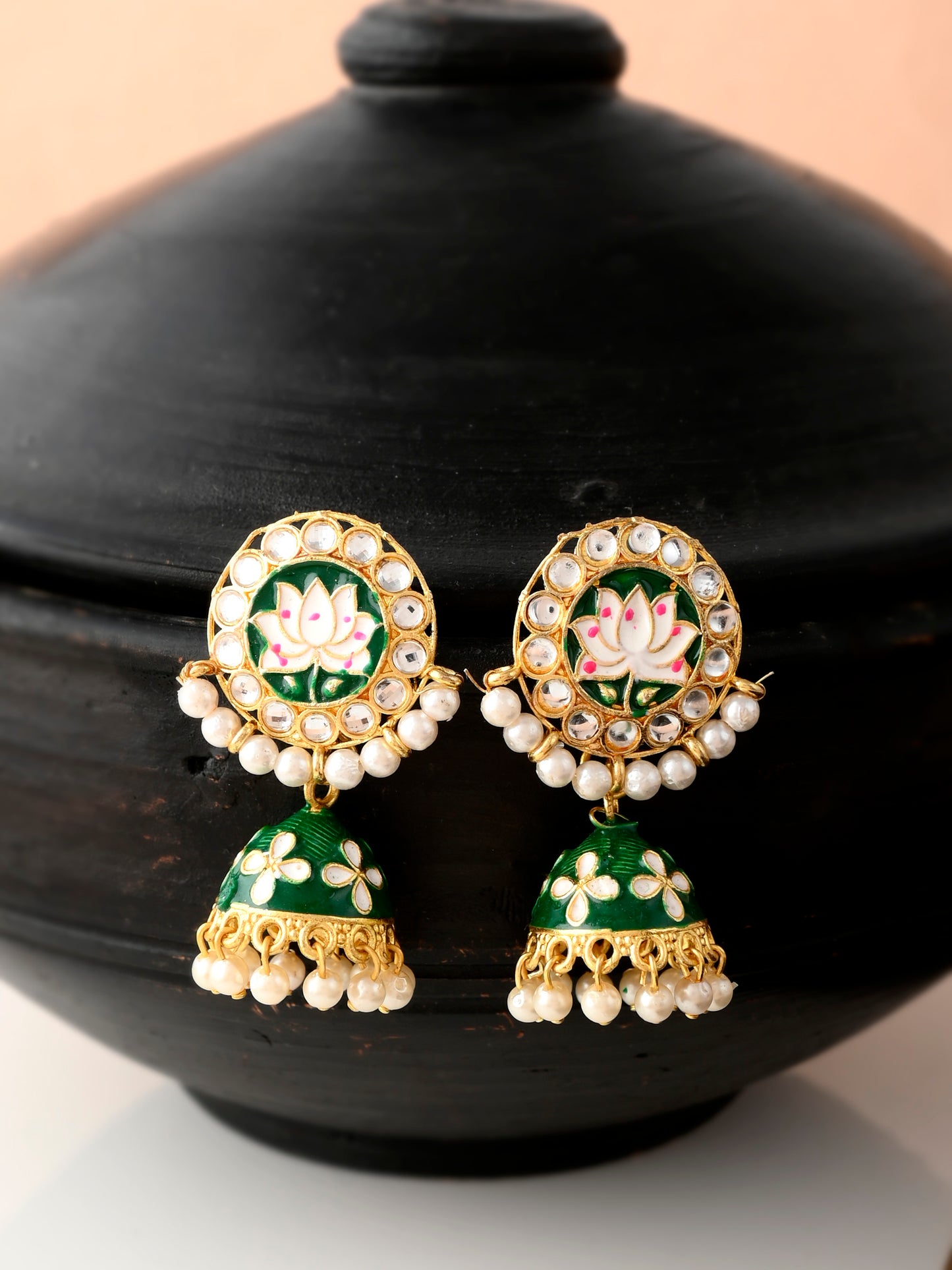 Gold & Green Toned Kundan Studded Handcrafted Floral Drop Earrings