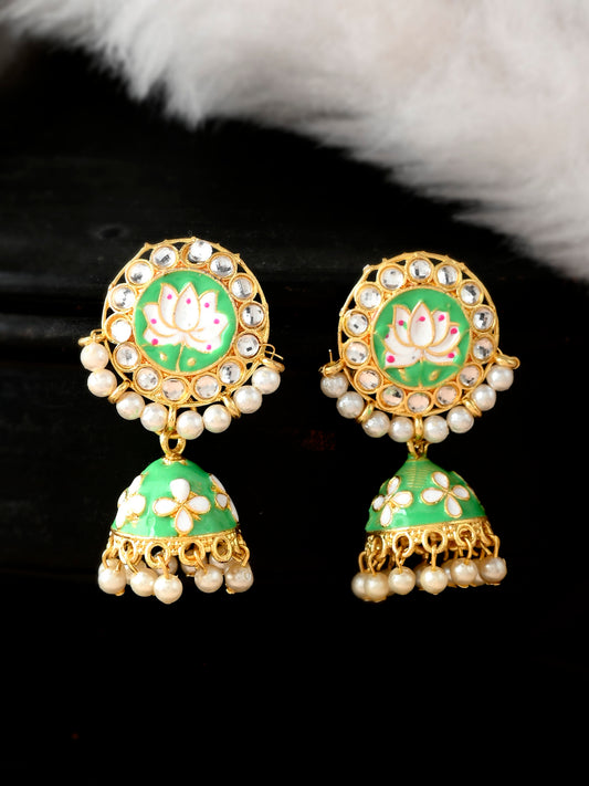 Gold & Green Toned Kundan Studded Handcrafted Floral Drop Earrings for Women Online