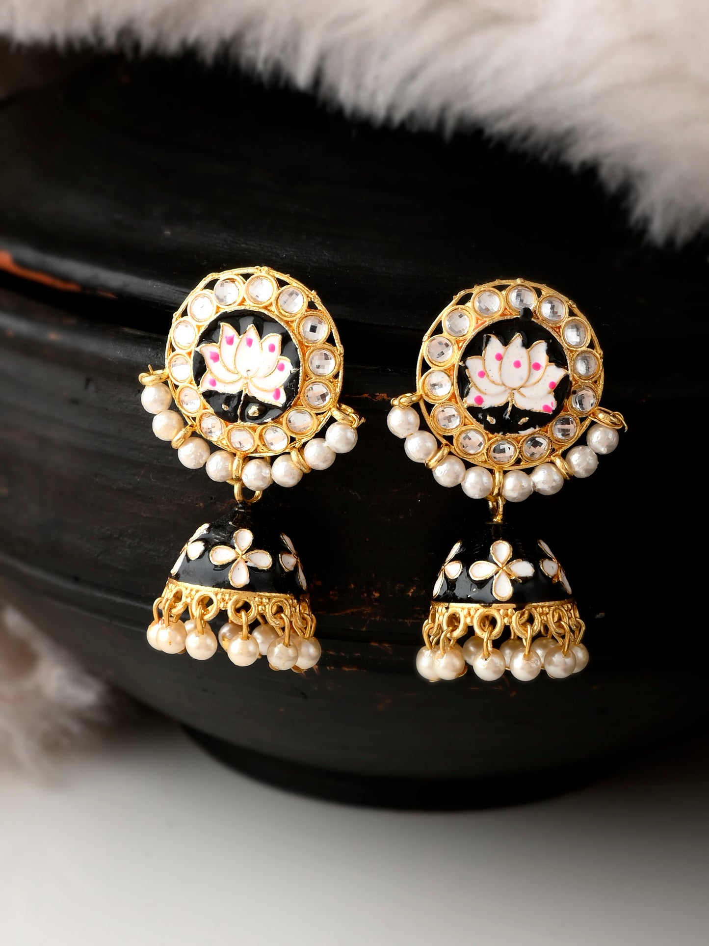 Gold & Black Toned Kundan Studded Handcrafted Floral Drop Earrings