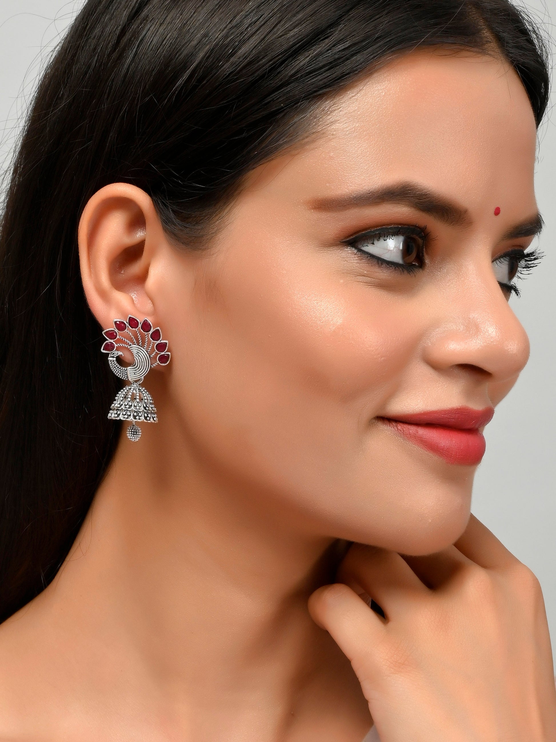 Silver Toned Oxidised Peacock Jhumka Earrings