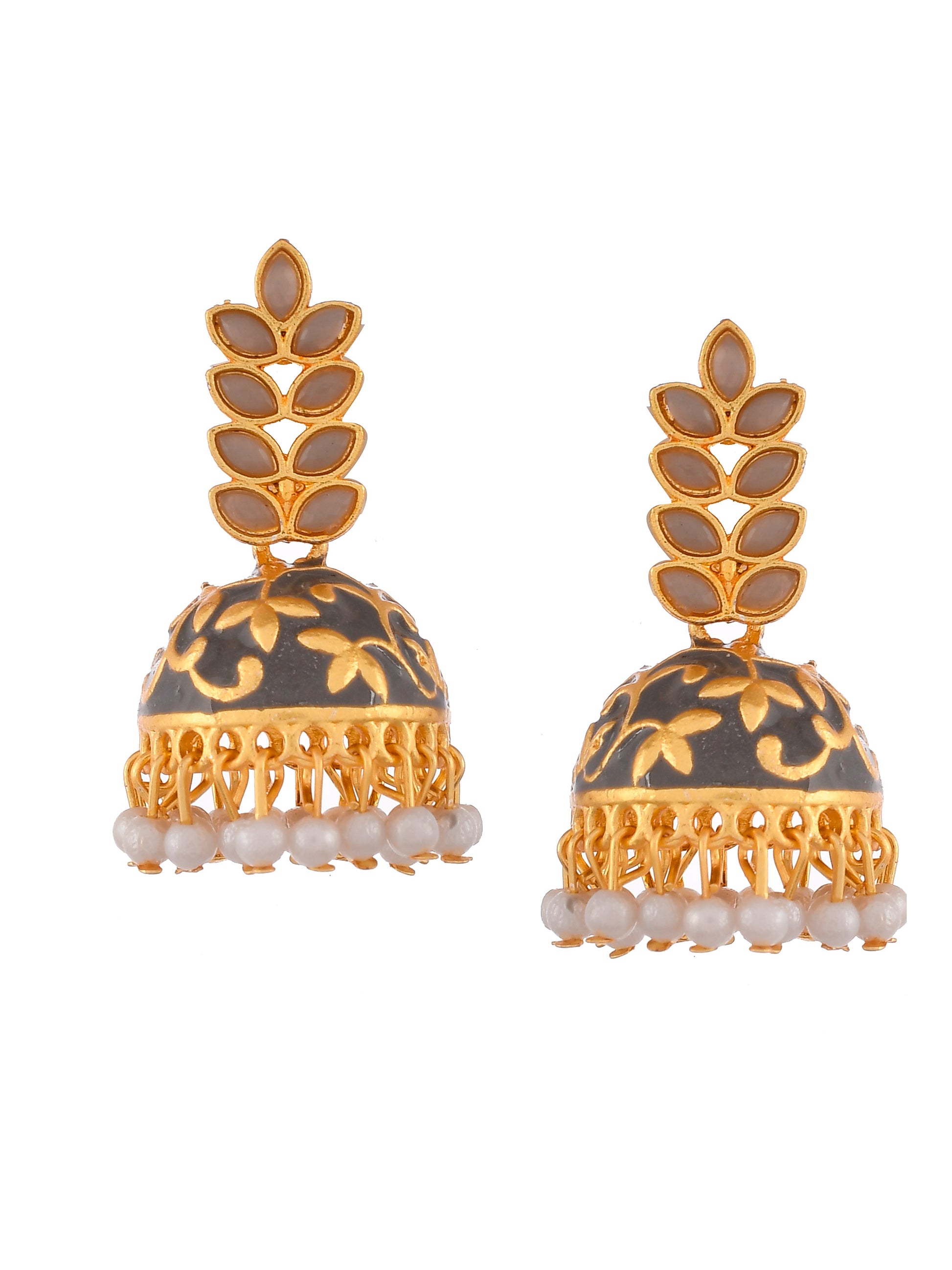 Women Gold Plated Grey Floral Meenakari Designer Jhumkas