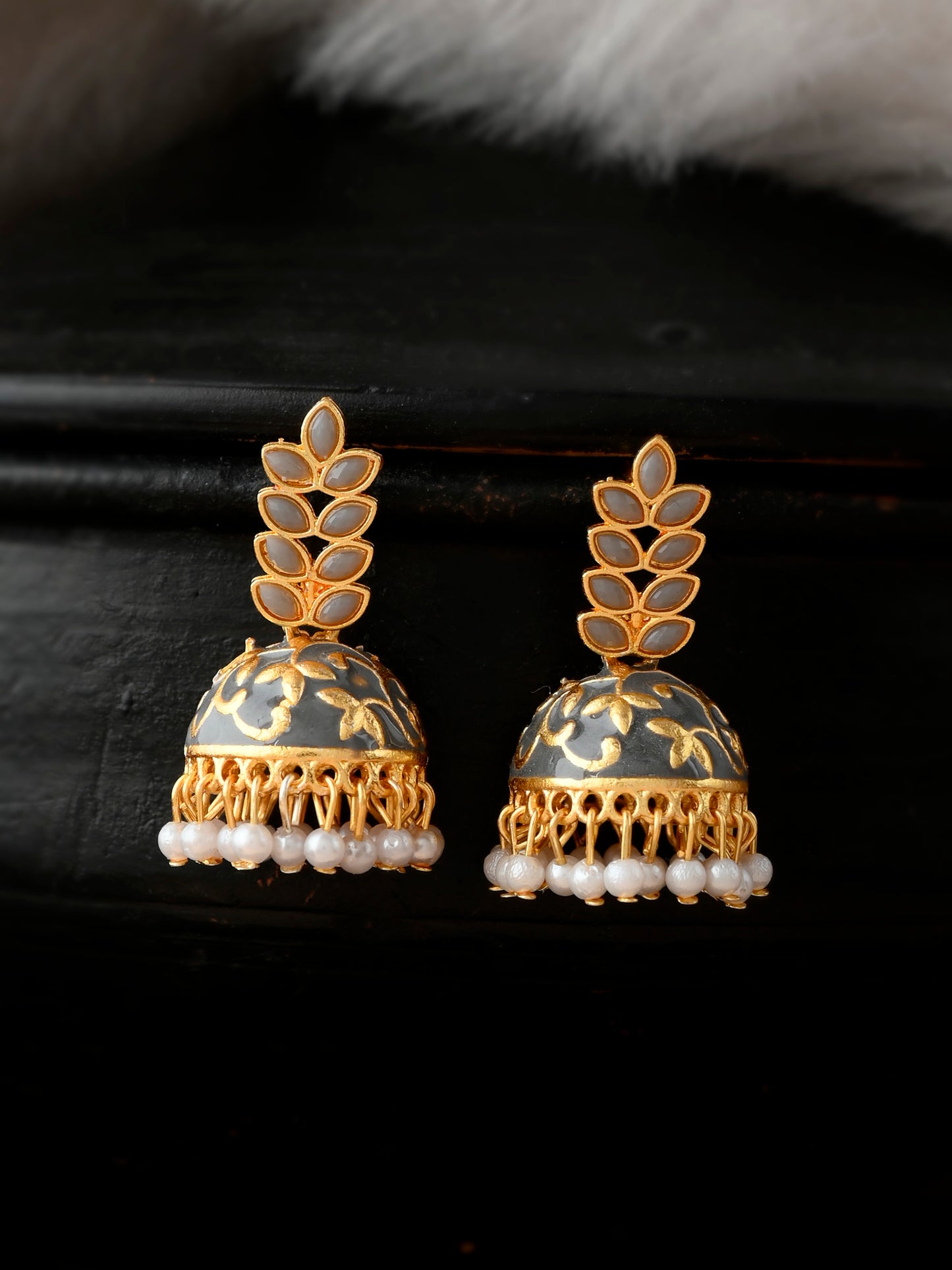 Women Gold Plated Grey Floral Meenakari Designer Jhumkas Earrings for Women Online