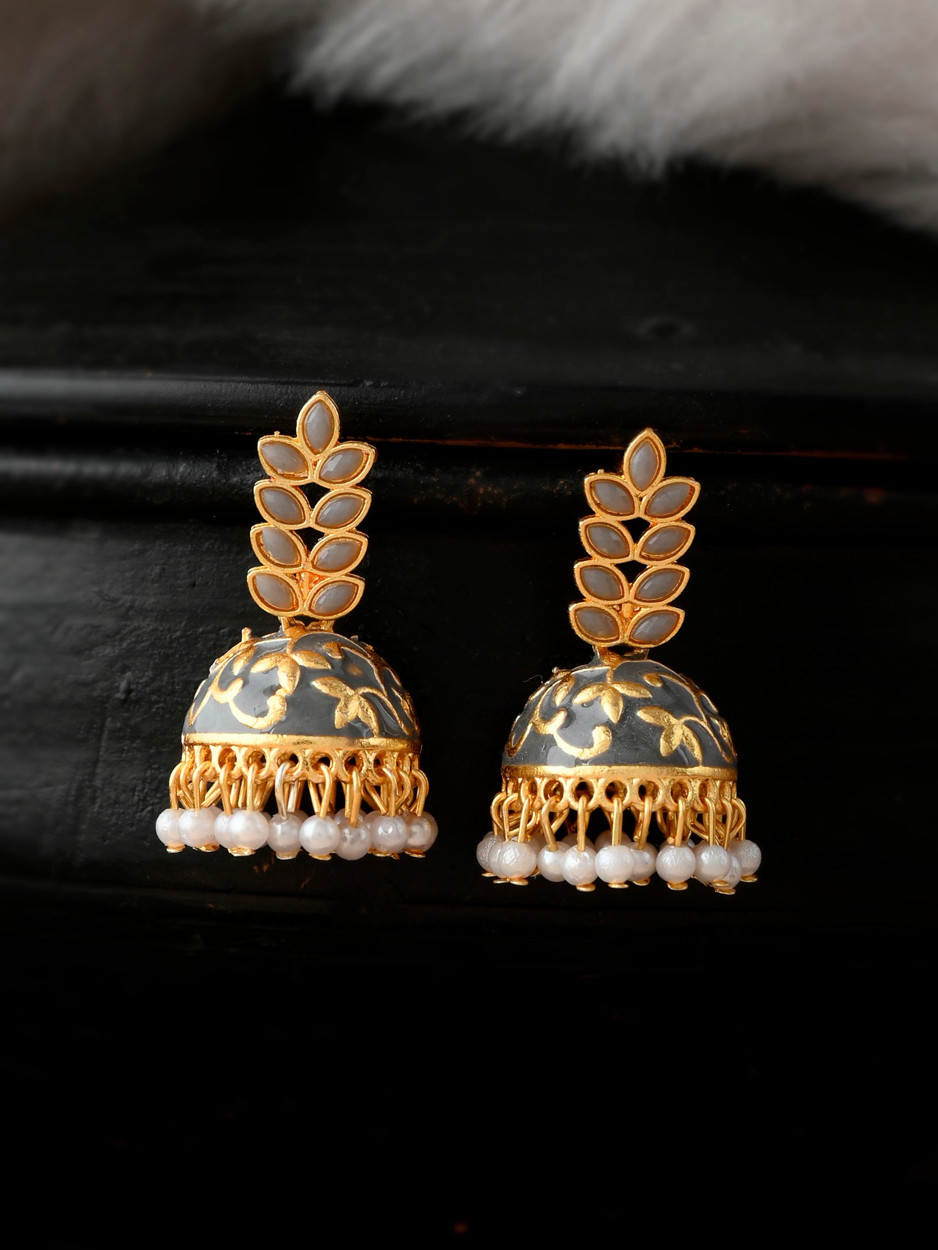 Women Gold Plated Grey Floral Meenakari Designer Jhumkas Earrings for Women Online