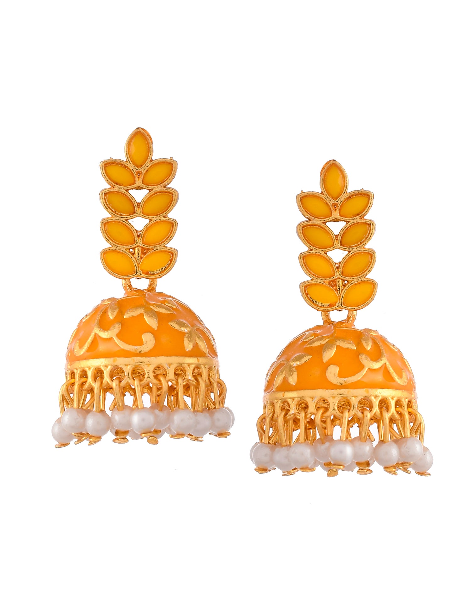 Women Gold Plated Orange Floral Meenakari Designer Jhumkas