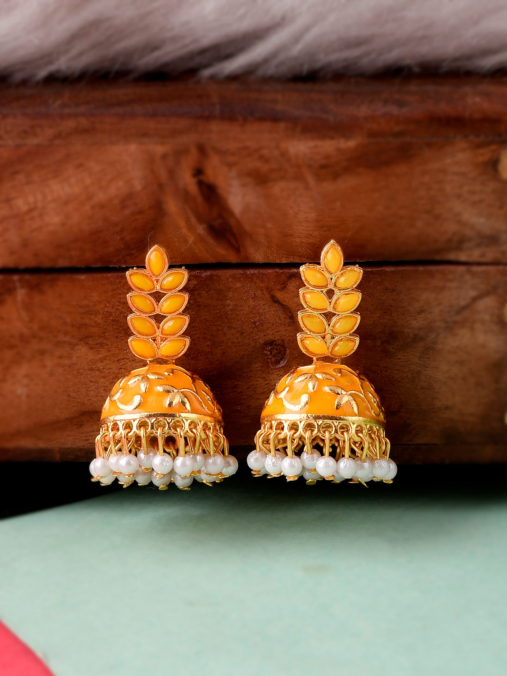 Women Gold Plated Orange Floral Meenakari Designer Jhumkas
