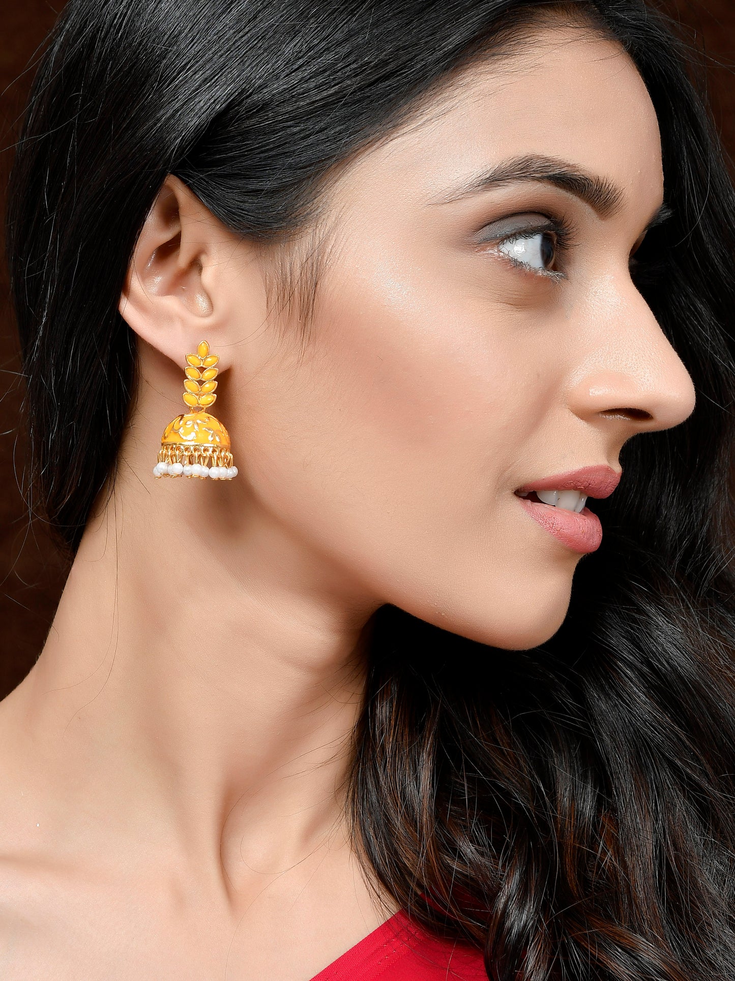 Women Gold Plated Orange Floral Meenakari Designer Jhumkas