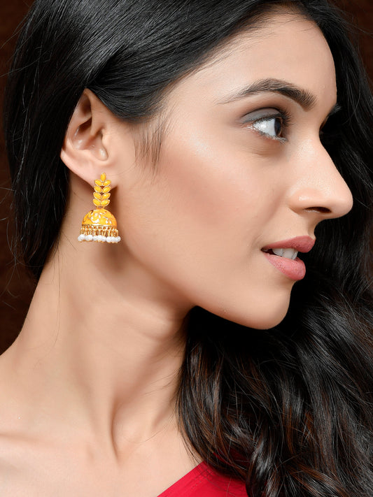 Women Gold Plated Orange Floral Meenakari Designer Jhumkas