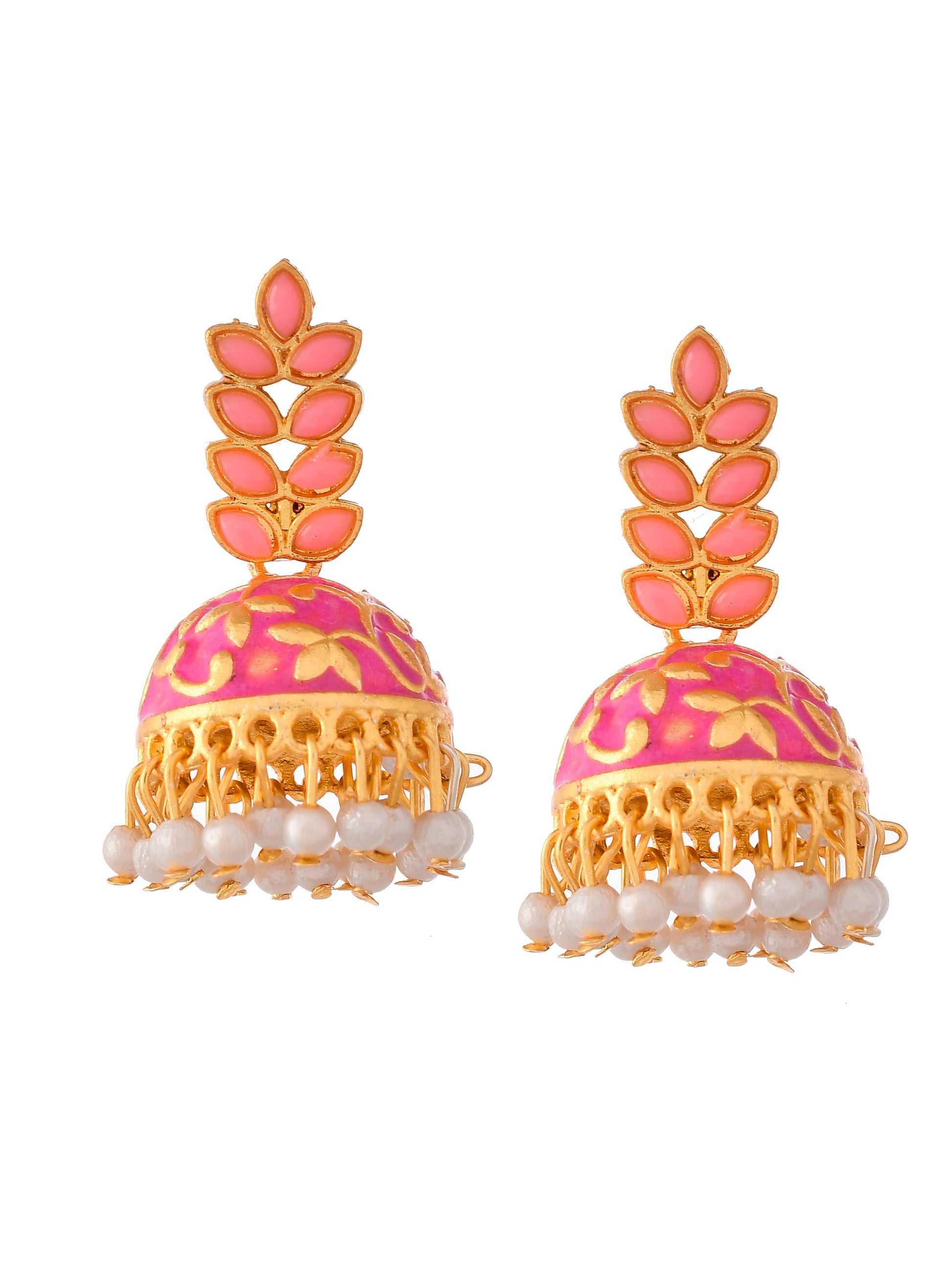 Women Gold Plated Pink Floral Meenakari Designer Jhumkas