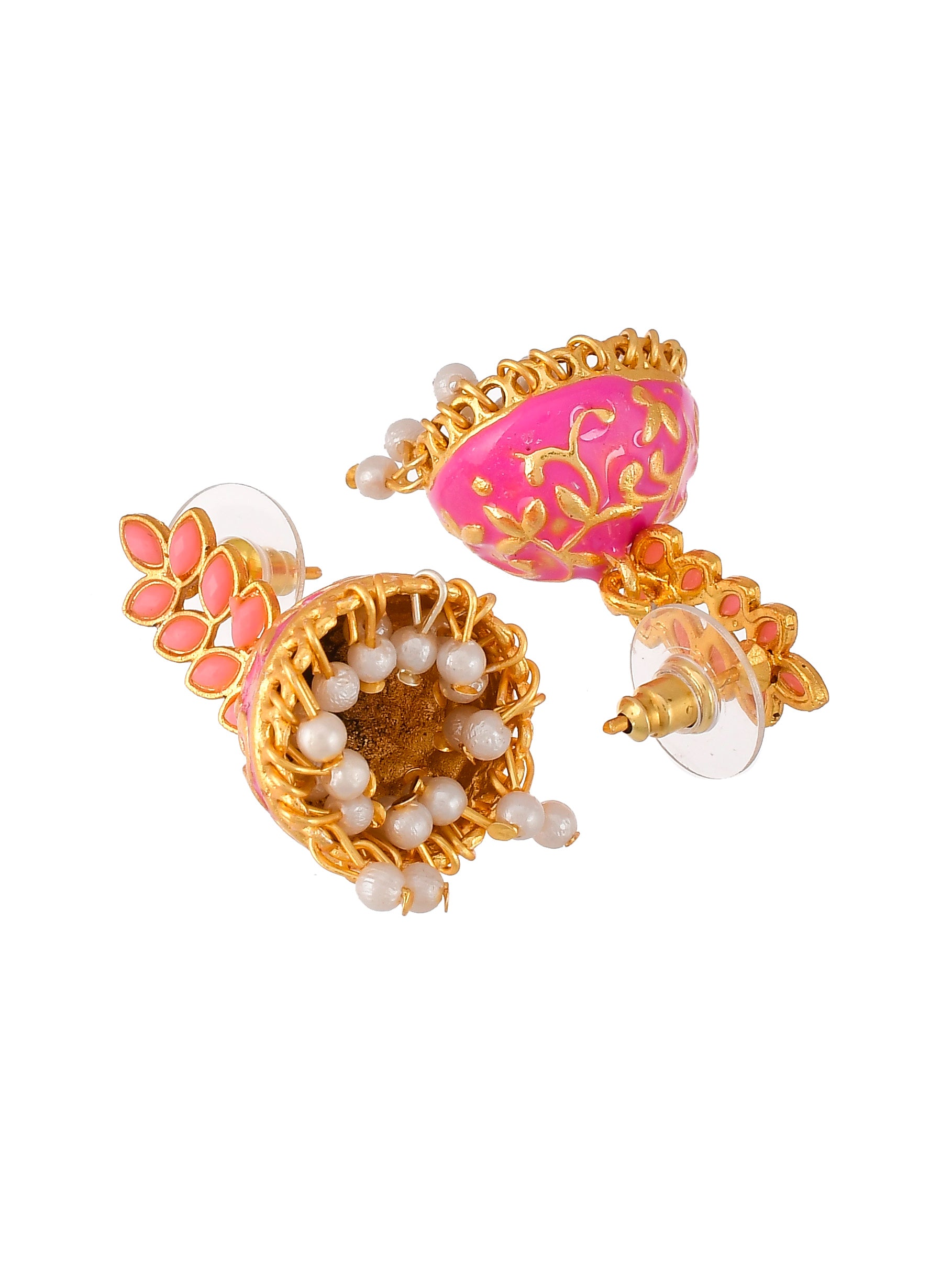 Women Gold Plated Pink Floral Meenakari Designer Jhumkas