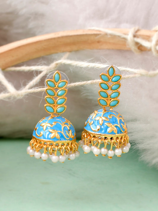 Women Gold Plated Blue Floral Meenakari Designer Jhumkas Earrings for Women Online