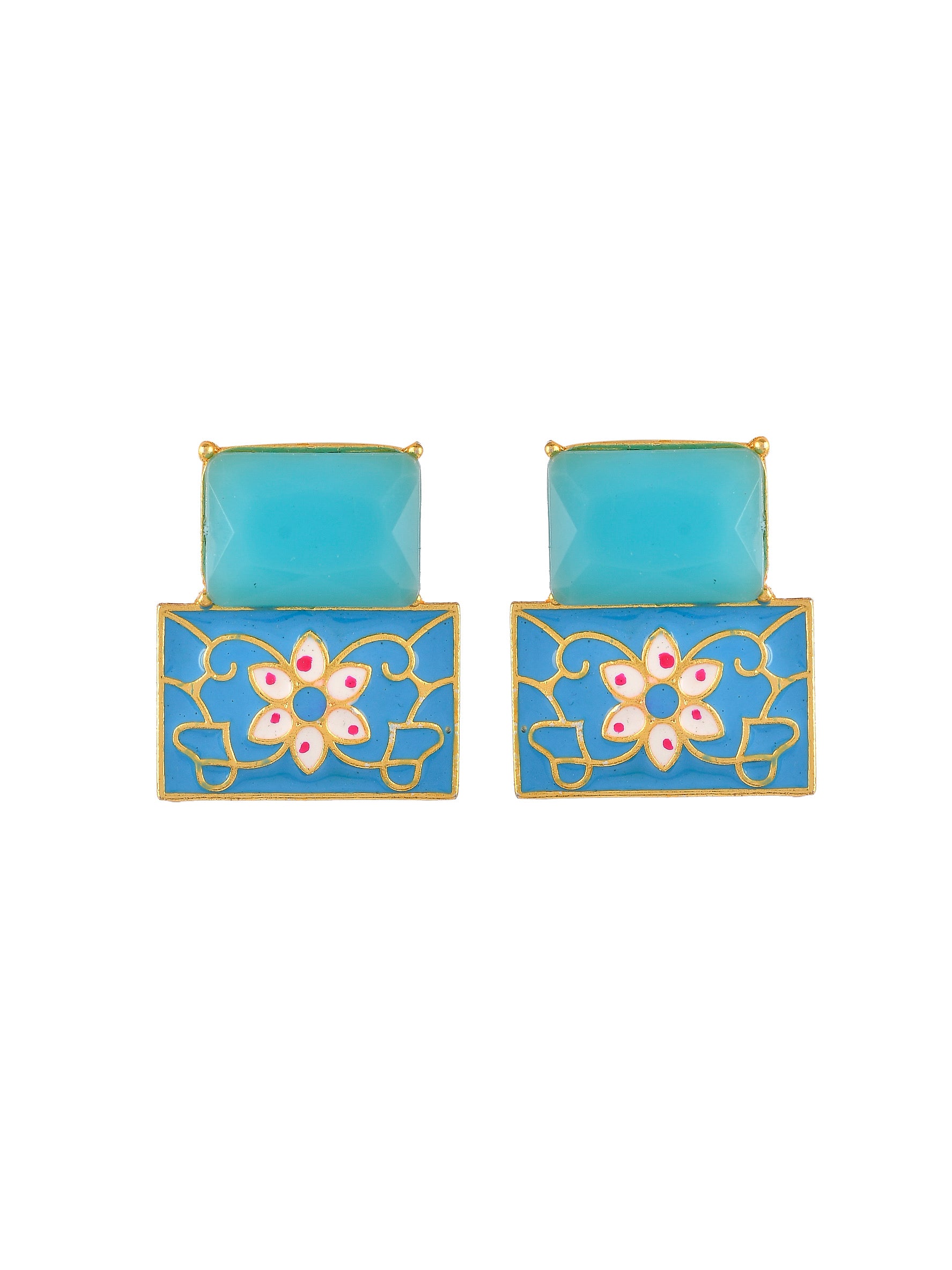 Gold Plated Blue Stone Studded Meenakari Floral Earrings