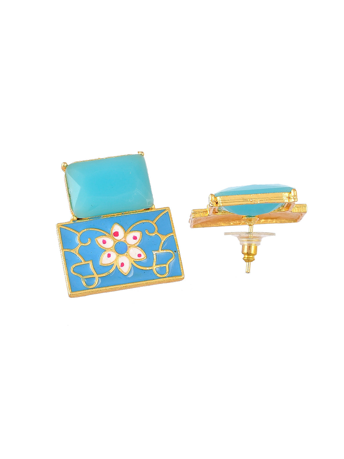 Gold Plated Blue Stone Studded Meenakari Floral Earrings