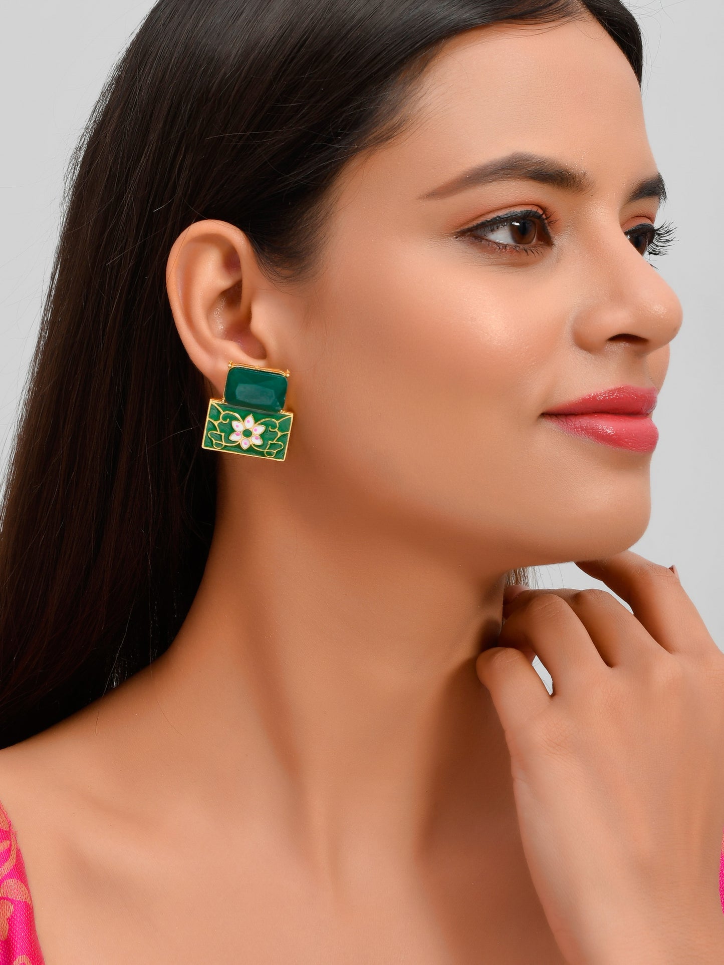 Green Meenakari Chalcedony Earrings