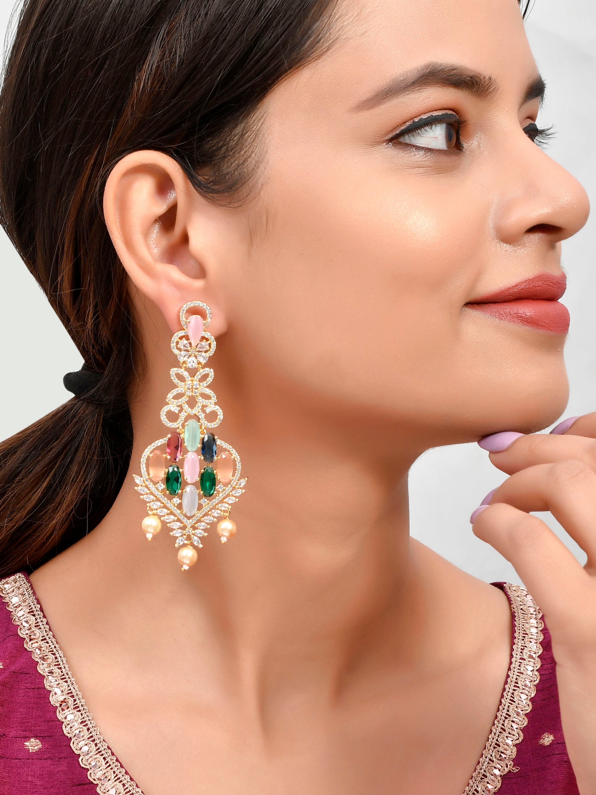 Gold Plated AD stone studded beaded Earrings.