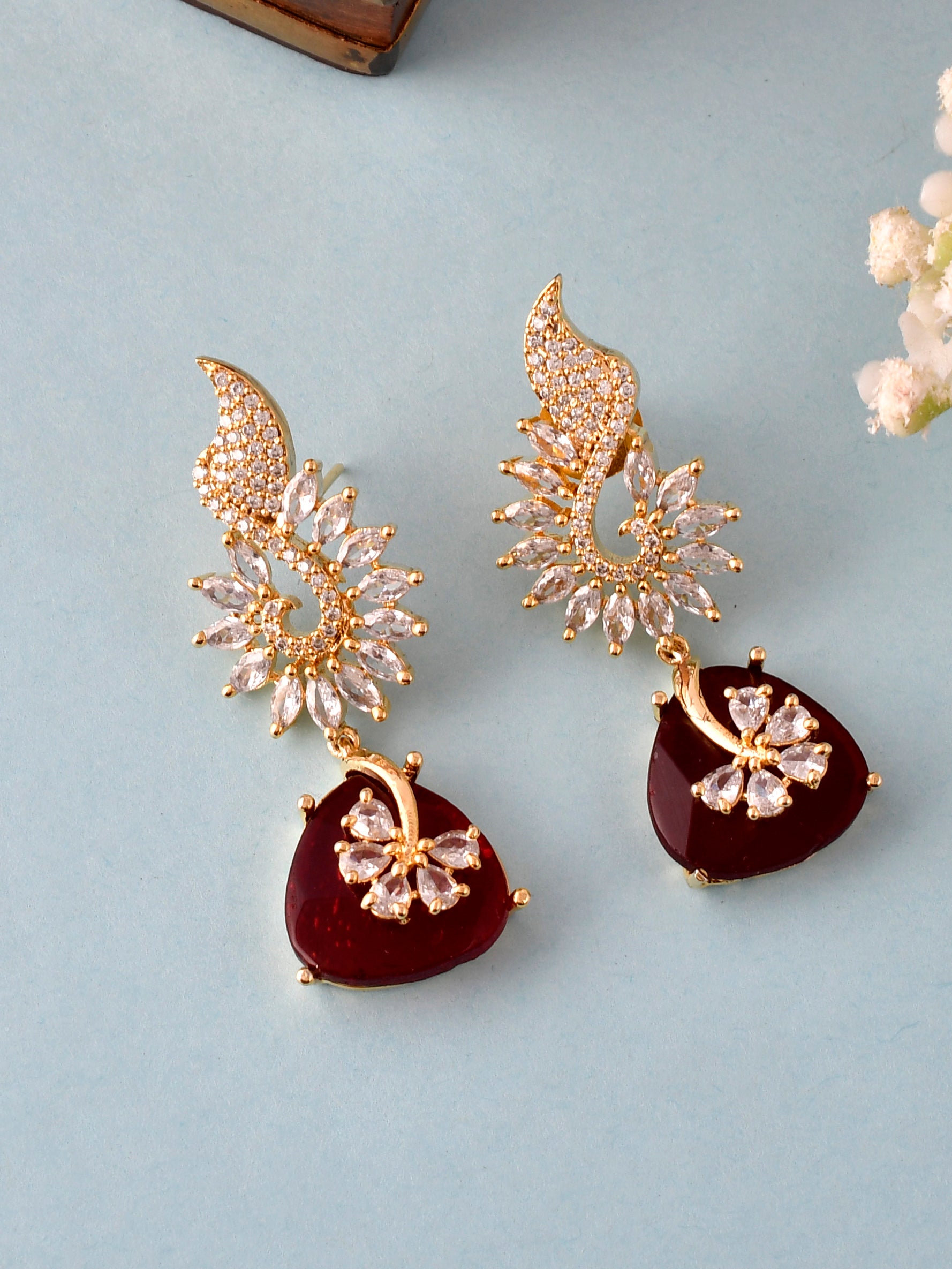 Gold Plated & Red Toned AD Stone Studded Drop Earrings