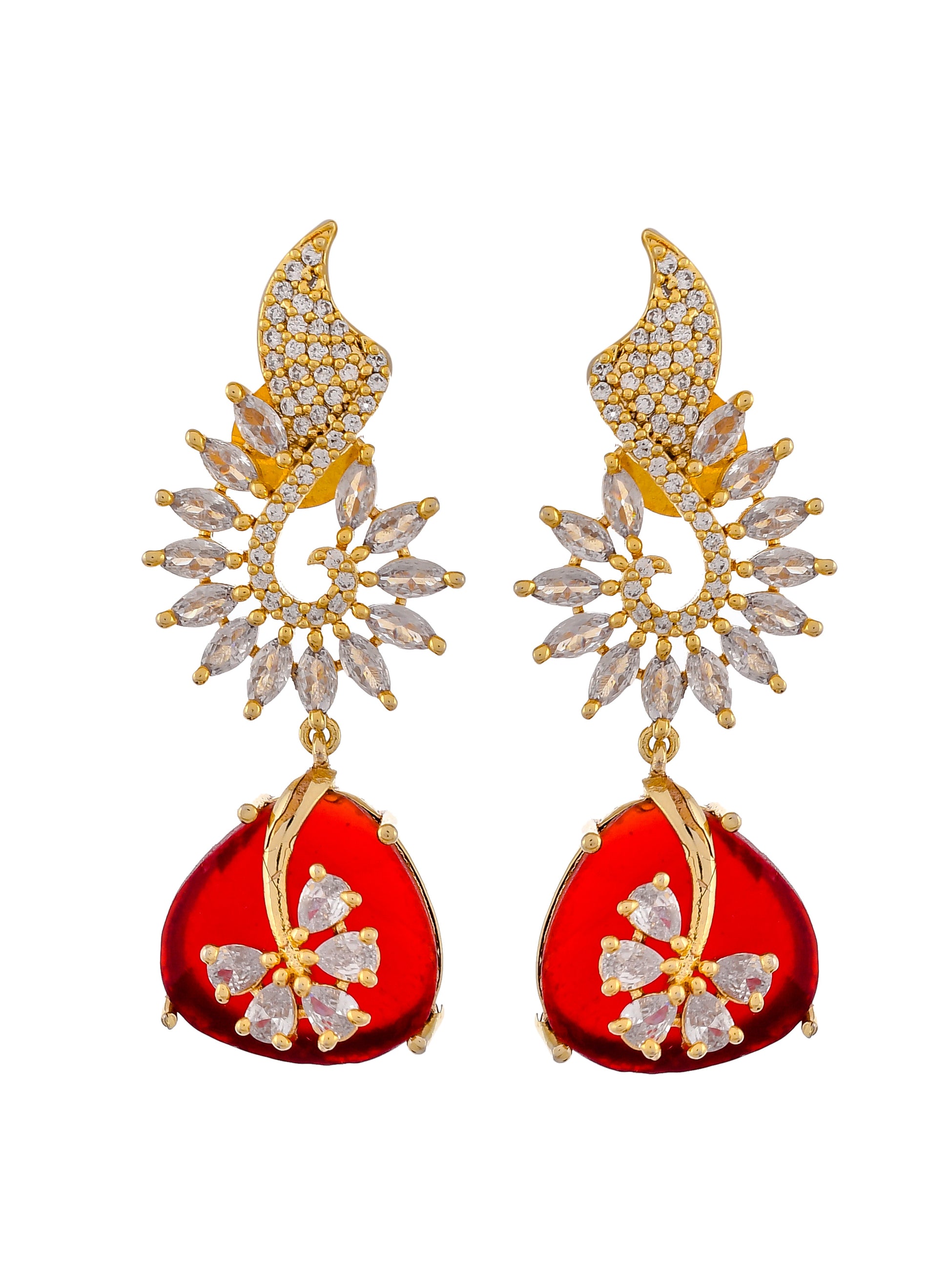 Gold Plated & Red Toned AD Stone Studded Drop Earrings