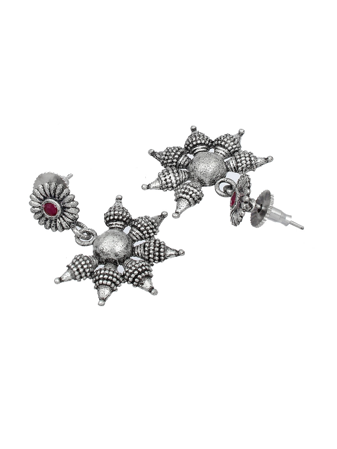 Floral Oxidised Silver Plated Trendy Pink Stone Drop Earring