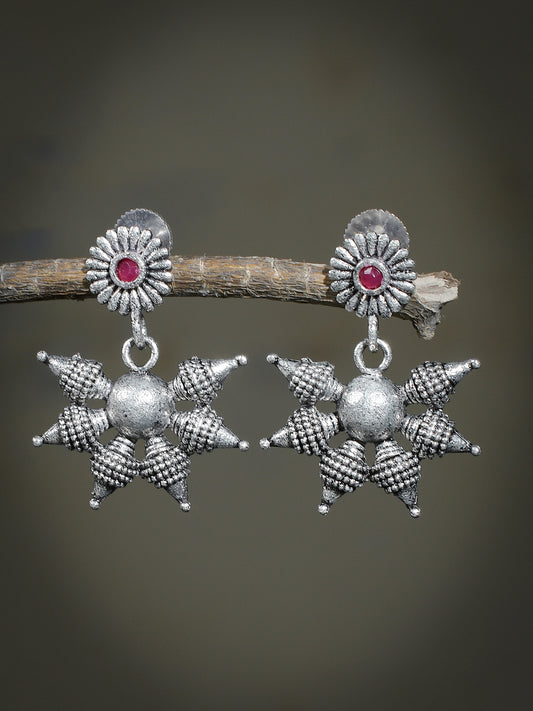 Floral Oxidised Silver Plated Trendy Pink Stone Drop Earring