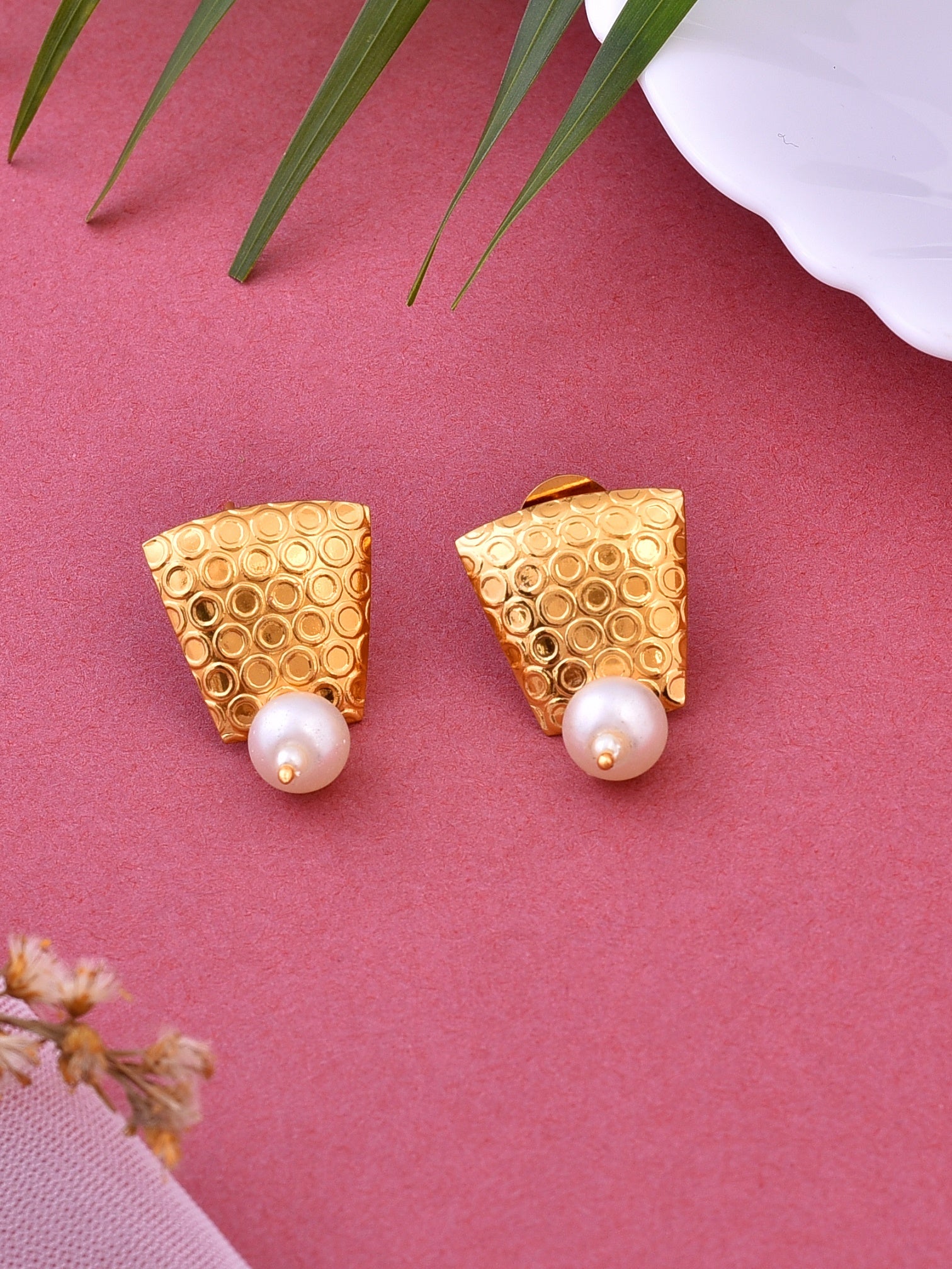 Gold Plated Pearl Bead Stub Designer Stud Earrings