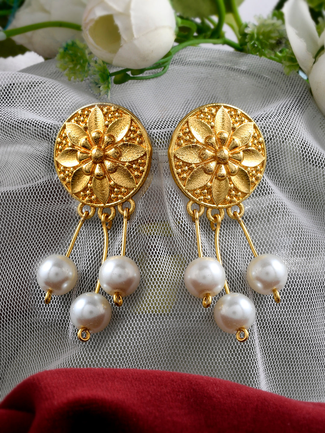 Gold Plated Ethnic Pearl Drop Earrings