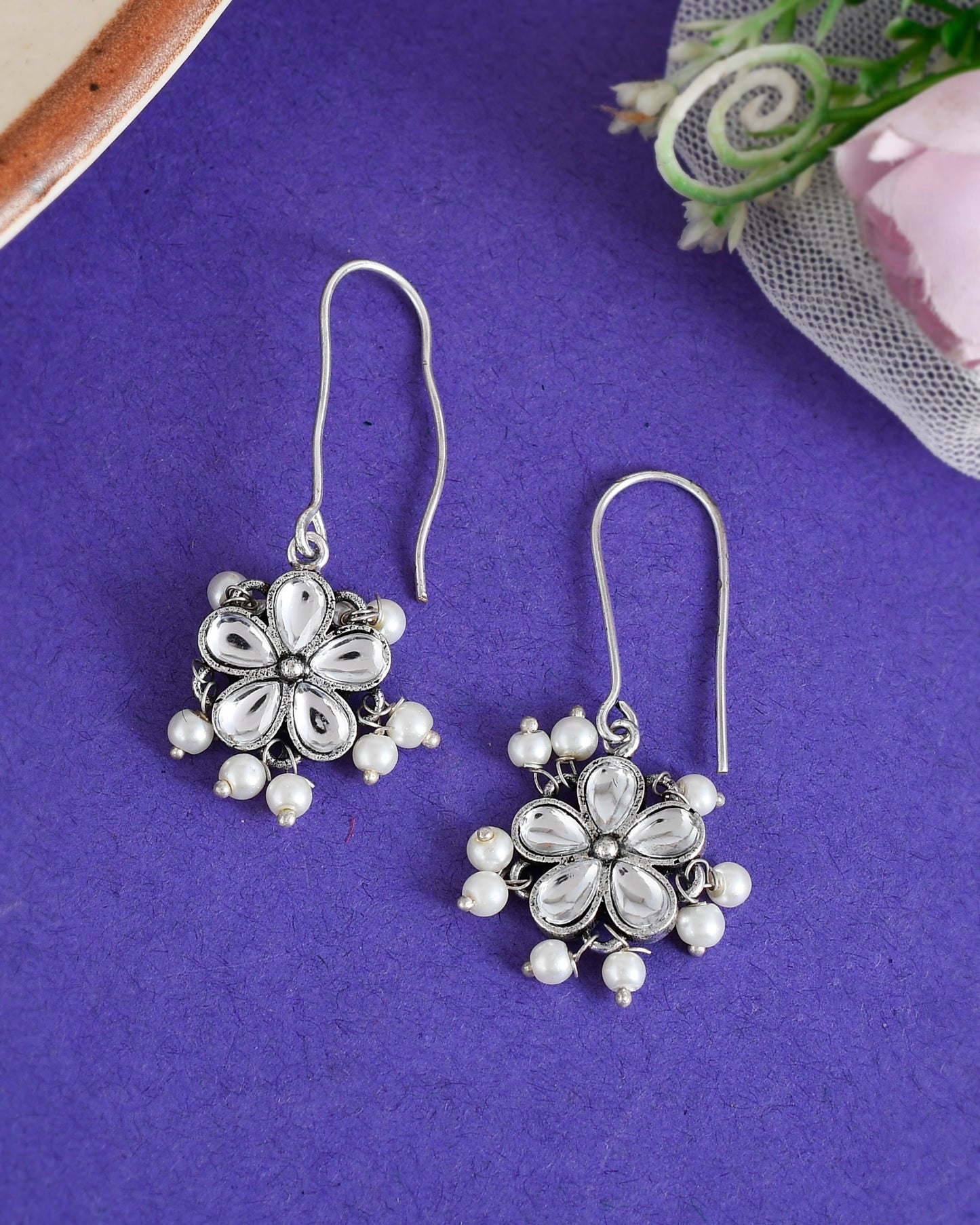 silver plated pearl hoop earring for western outfit