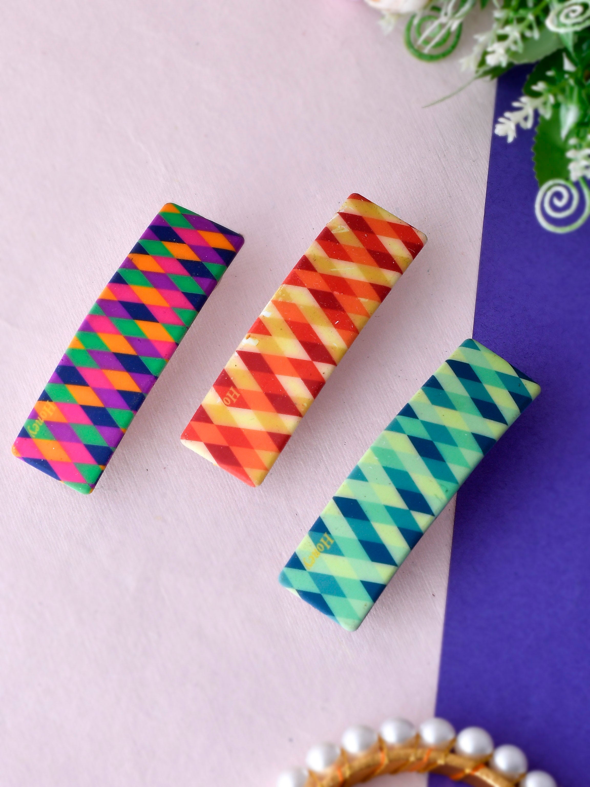 Buy Set of 3 Multi Colored Printed Geometrical French Barette for Women ...
