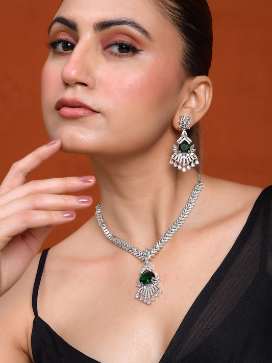 American Diamond Necklace Set for Women | Silver Plated CZ Crystal Pendant Necklace