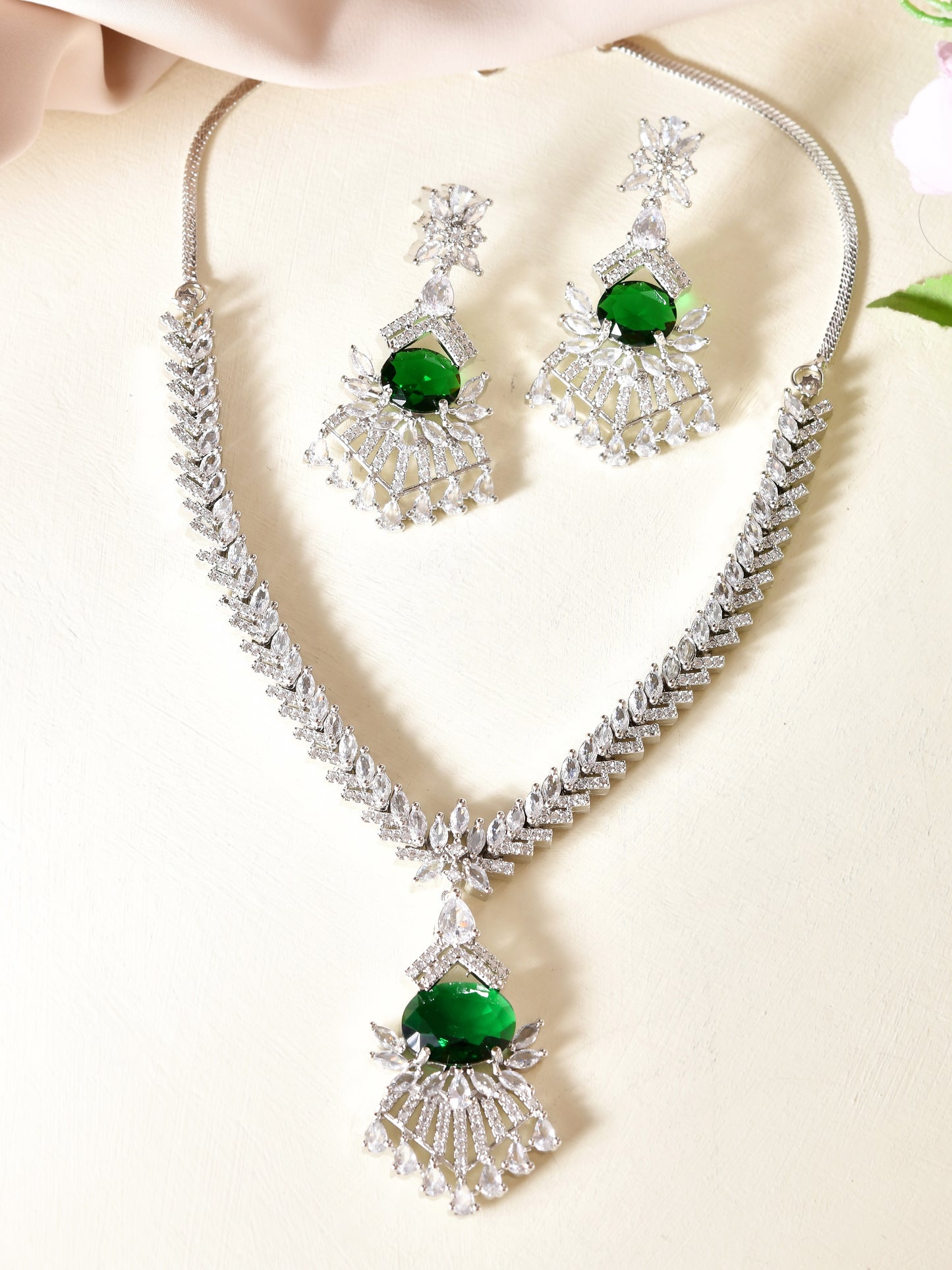 American Diamond Necklace Set for Women | Silver Plated CZ Crystal Pendant Necklace