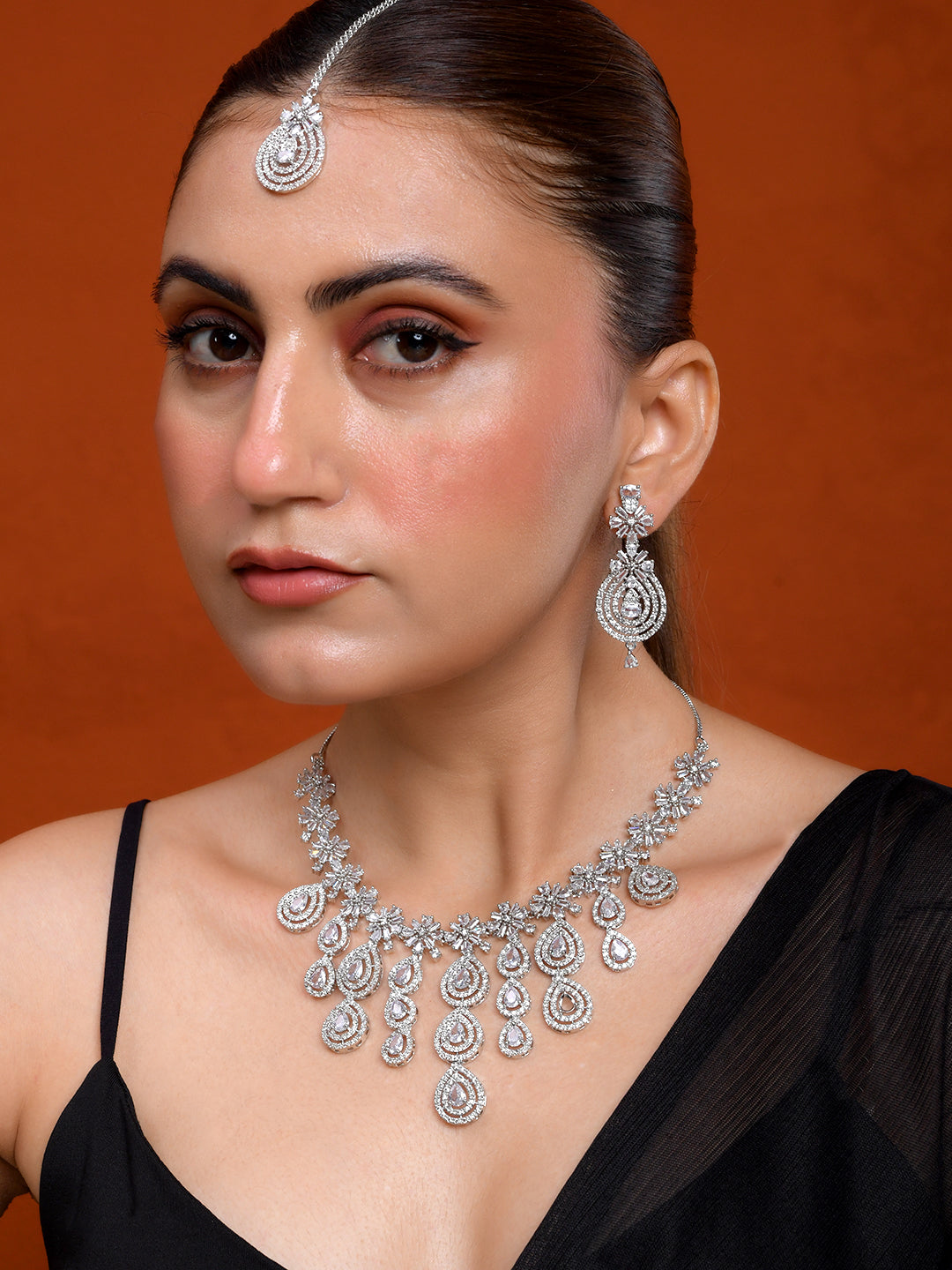 American Diamond Bridal Necklace Set with Maang Tikka for Women 