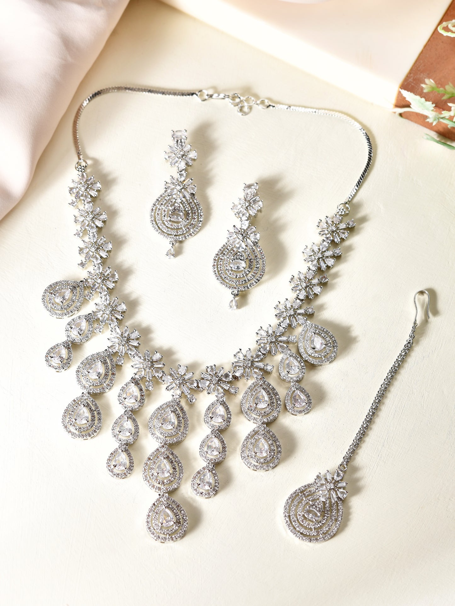 American Diamond Bridal Necklace Set with Maang Tikka for Women 