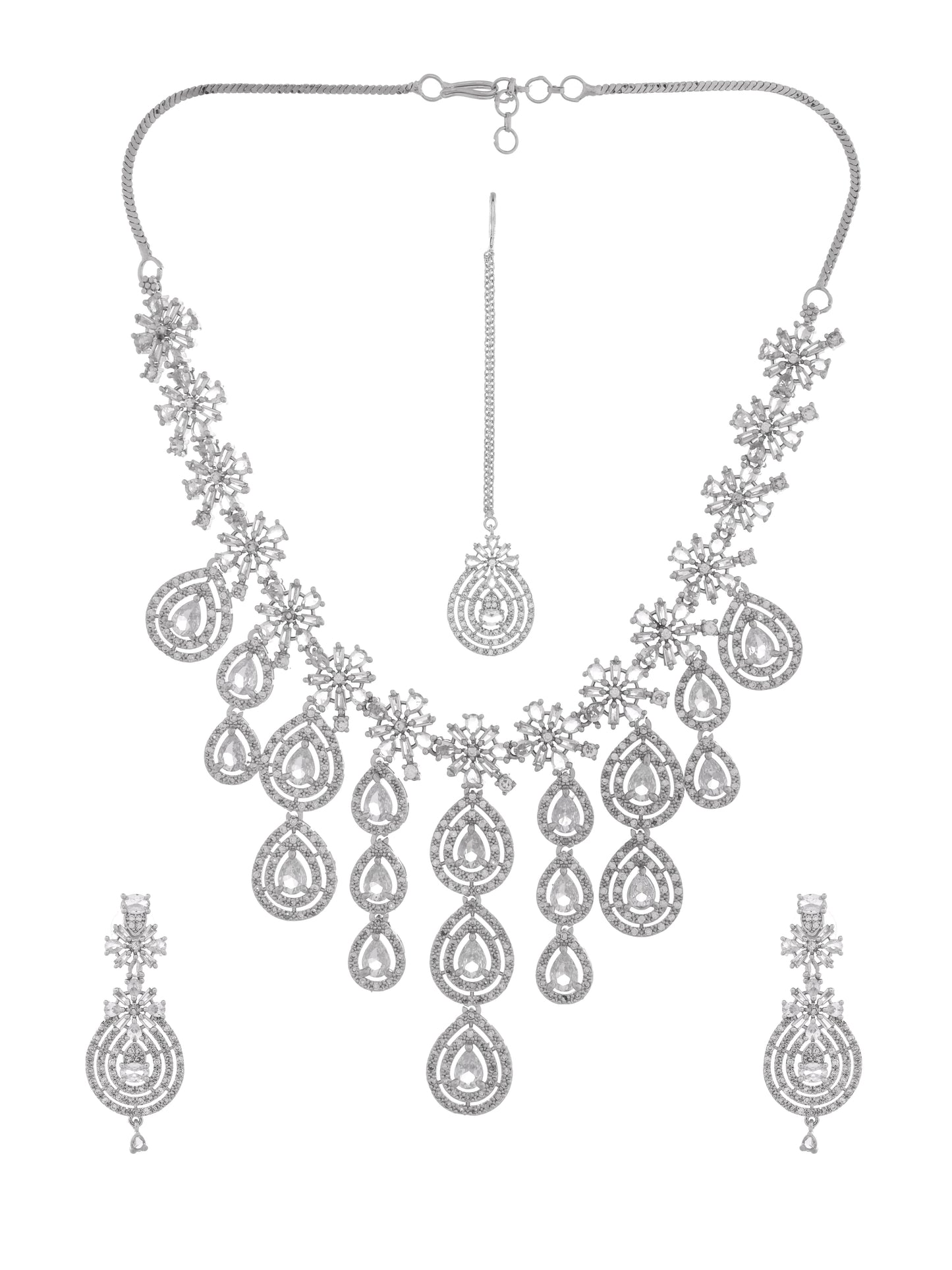 American Diamond Bridal Necklace Set with Maang Tikka for Women 