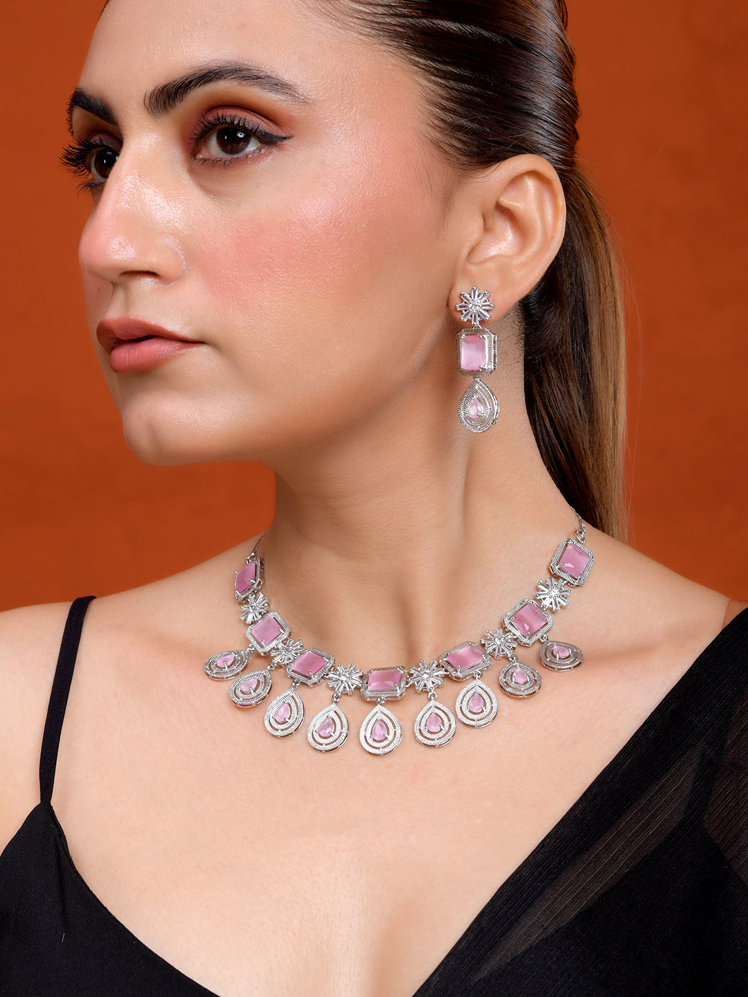 American Diamond Necklace Set for Women | CZ Crystal Statement Necklace with Earrings