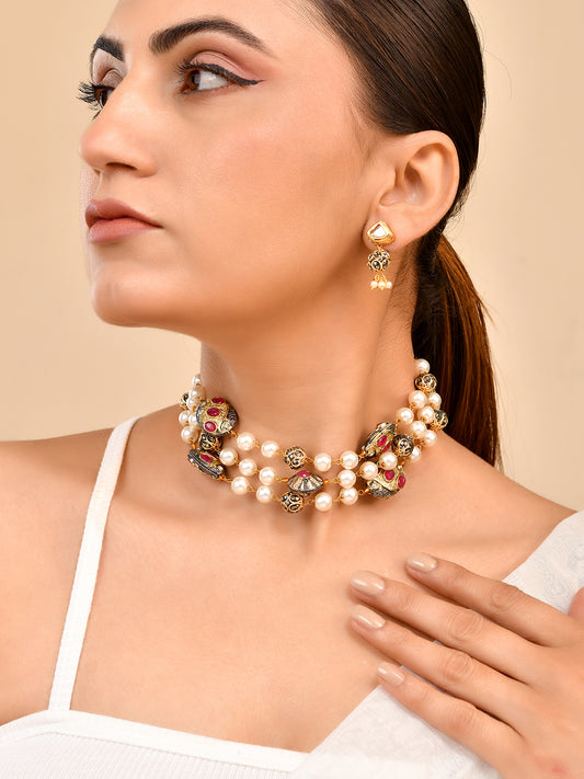 Traditional Pearl Choker Necklace Set with Kundan Work For Women | Bridal & Wedding Jewellery