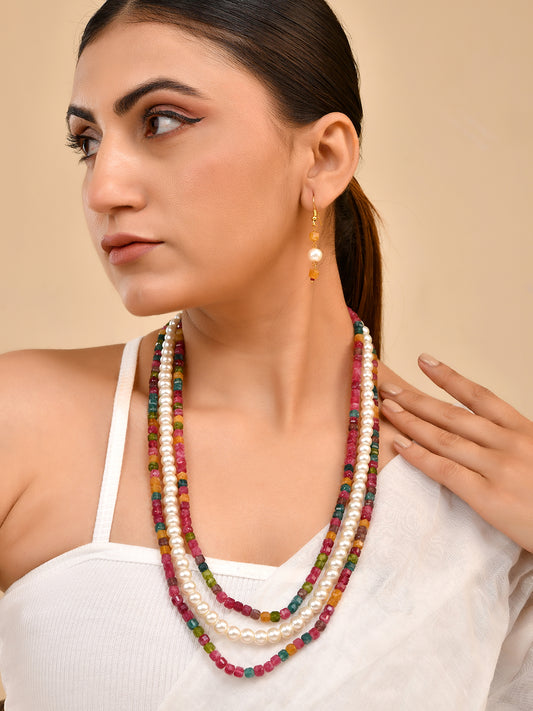 Semi-Precious Stone Beaded Necklace Set with Earrings | Boho Layered  Mala Necklace For Women