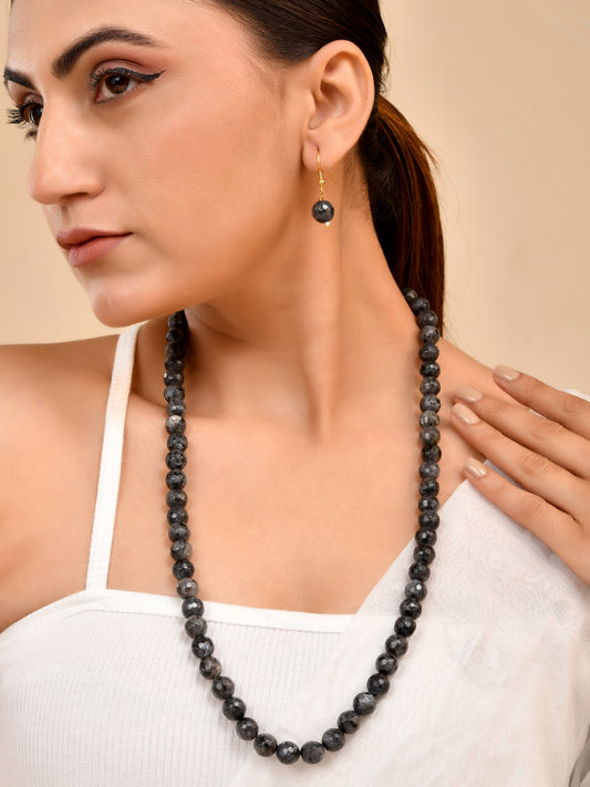 Semi- Precious Stone Beaded Necklace Set With Earrings |Handmade Tribal Black Mala Necklace for Women