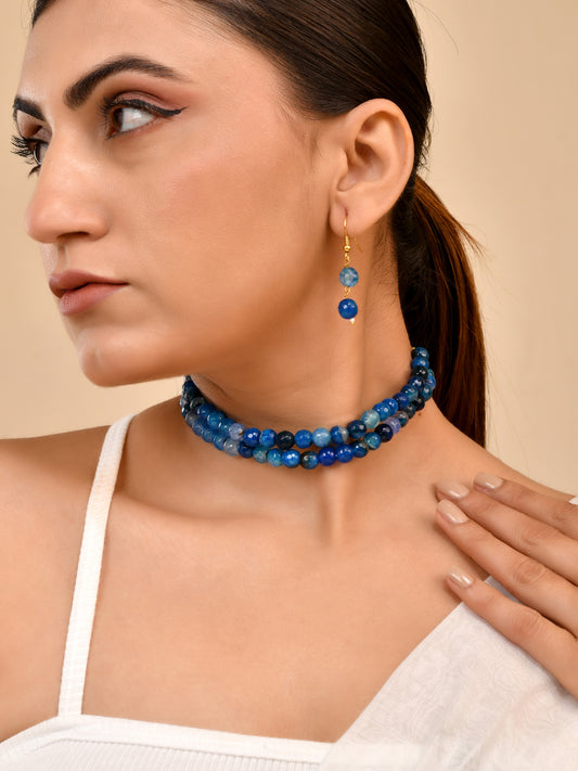 Blue Semi-Precious Stone Beaded Necklace Set For Women | Handmade Double Layer Beads Jewellery with Earrings