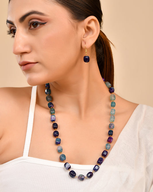 Semi-Precious Stone  Gemstone Beaded Necklace Set  | Modern Statement Jewelry with Earrings |