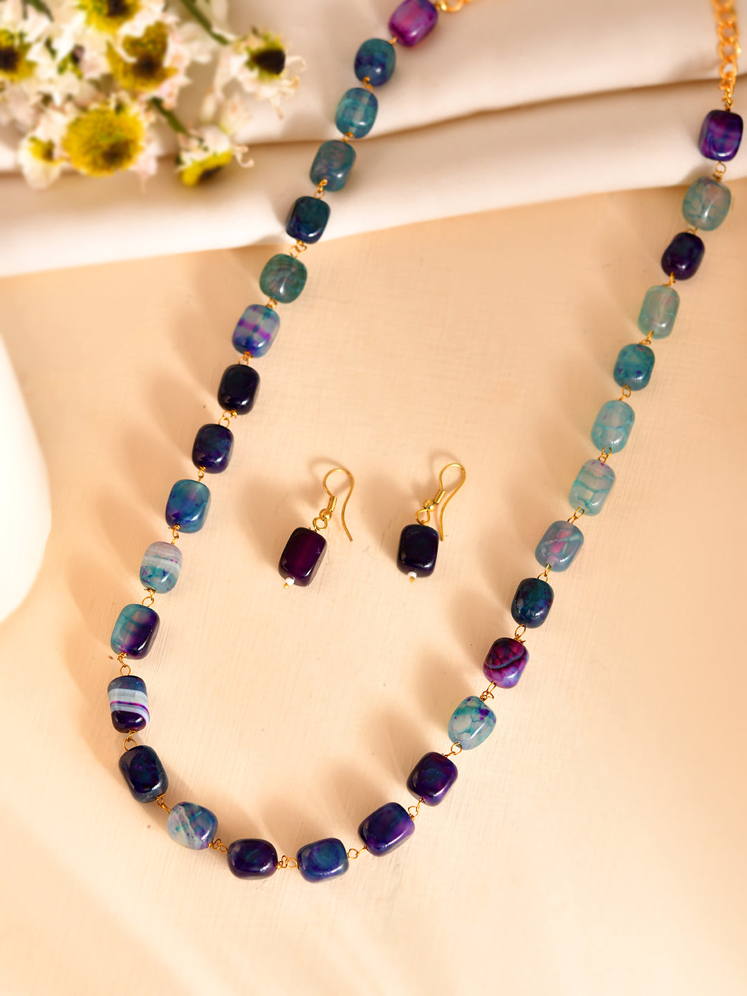 Semi-Precious Stone  Gemstone Beaded Necklace Set  | Modern Statement Jewelry with Earrings |