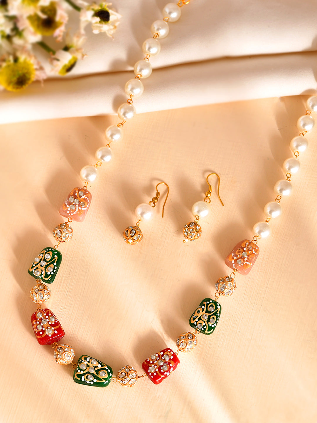 Semi-Precious Stone  Kundan Statement Necklace Set with Earrings | Multicolor Festive & Wedding Jewelry For Women