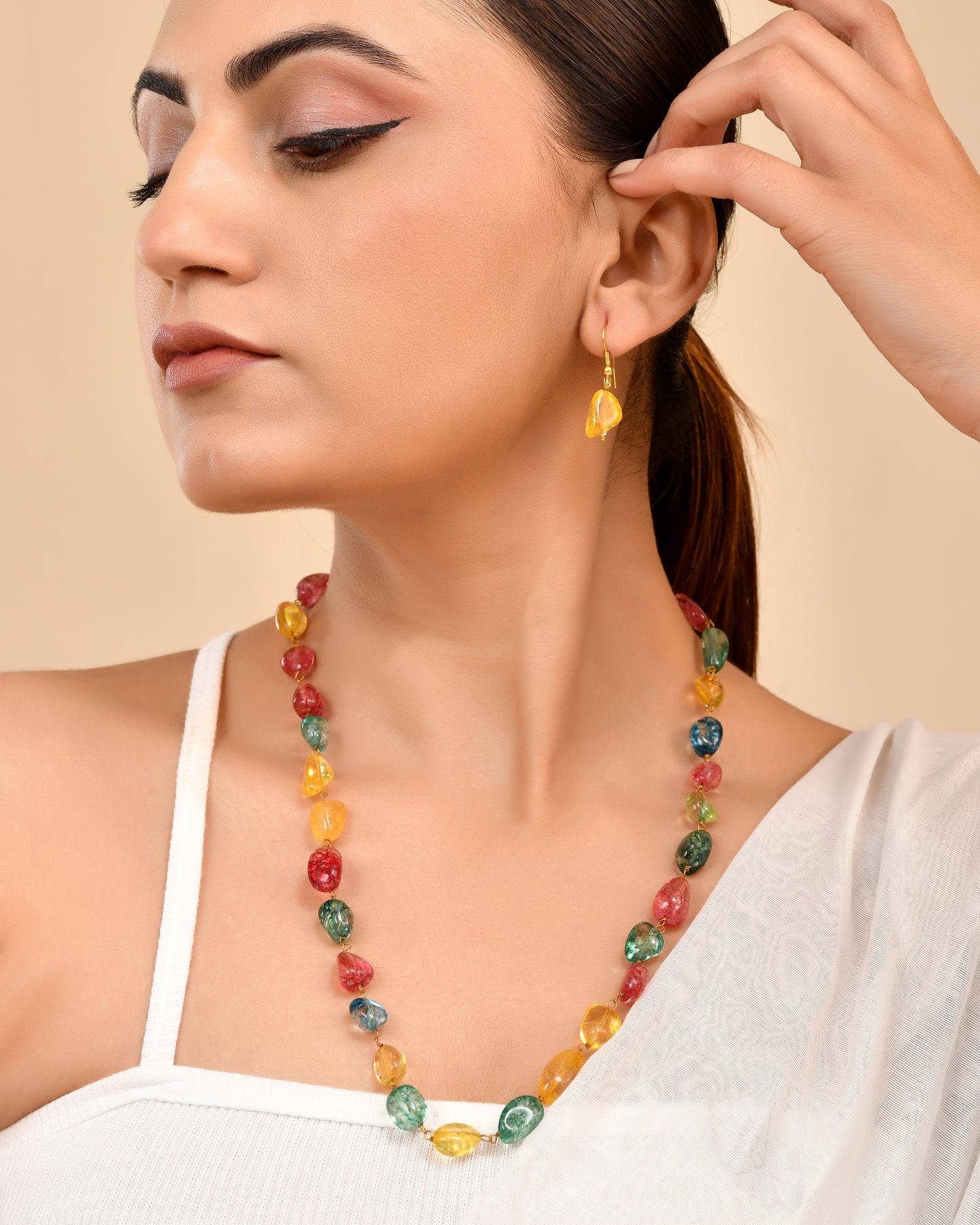 Semi-Precious Stone Multicolor Beaded Necklace Set with Earrings | Trendy Statement Jewelry For Women