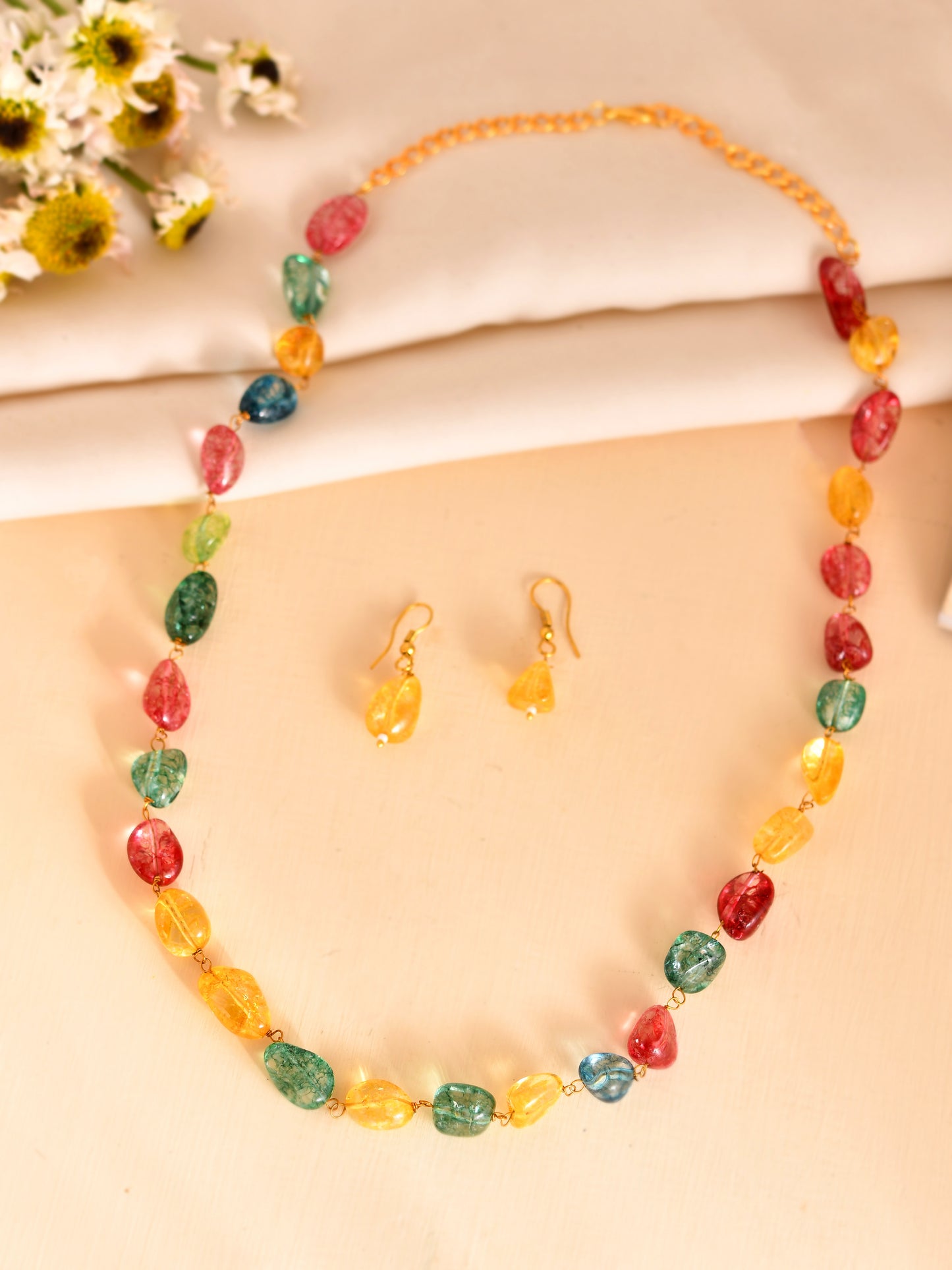 Semi-Precious Stone Multicolor Beaded Necklace Set with Earrings | Trendy Statement Jewelry For Women