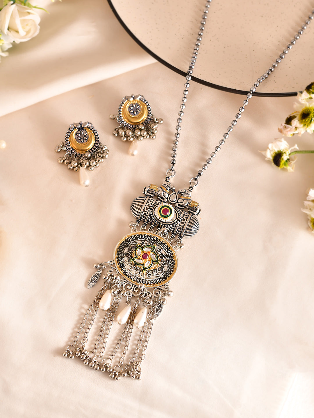 Oxidised Silver Statement Pendant Necklace Set With Earrings For Women