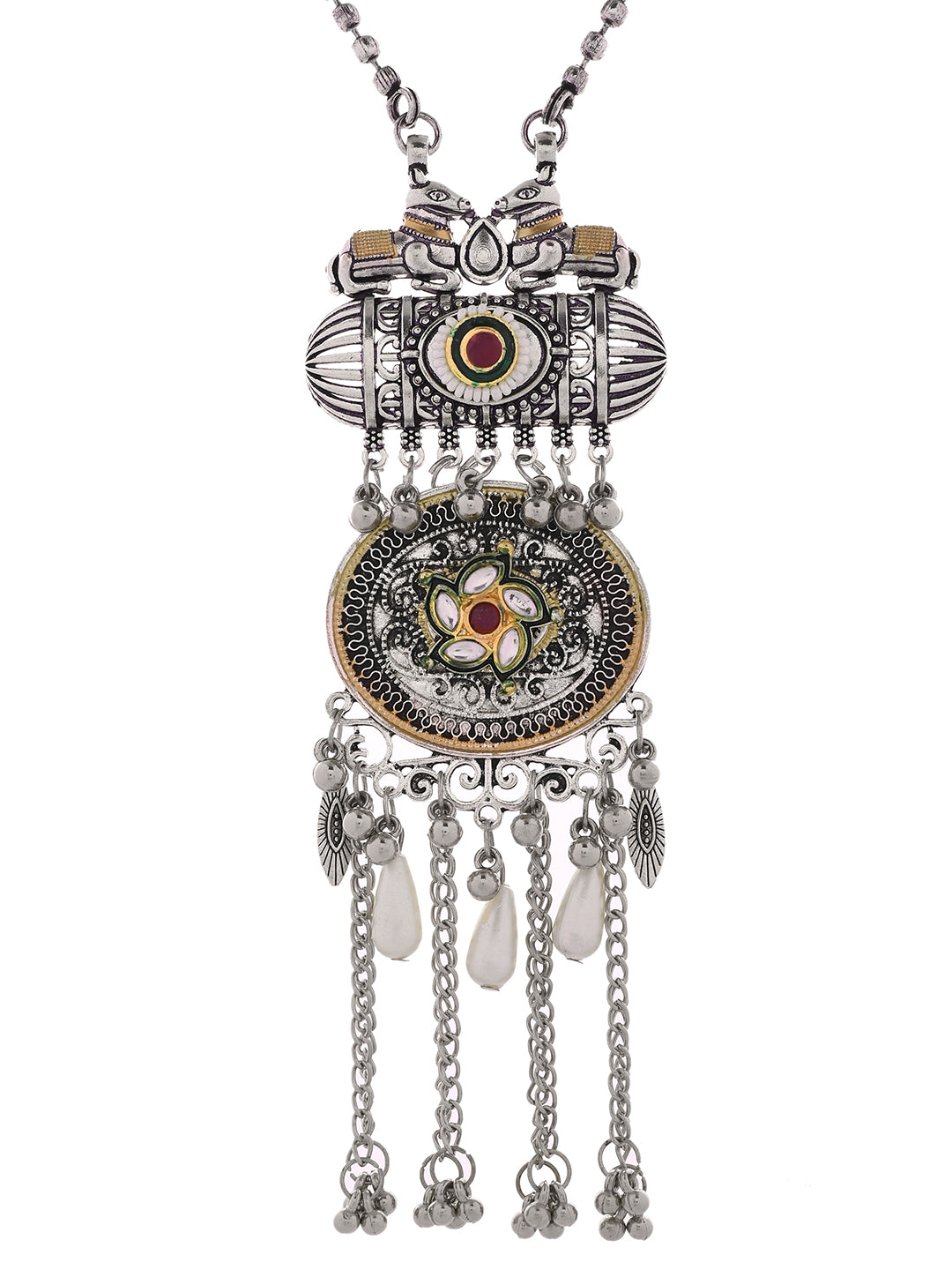 Oxidised Silver Statement Pendant Necklace Set With Earrings For Women