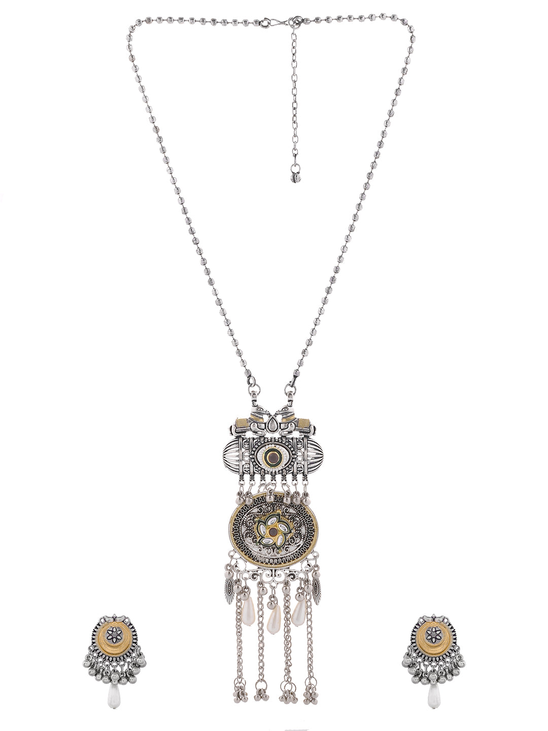 Oxidised Silver Statement Pendant Necklace Set With Earrings For Women