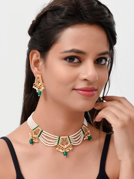 Gold Plated Green & Pearl Stone Studded & Beaded Choker Jewellery Sets for Women Online