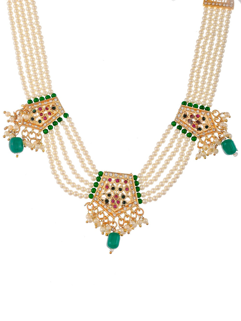 Gold Plated Green & Pearl Stone Studded & Beaded choker Jewelry Set