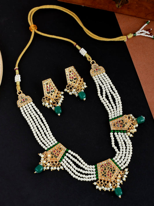 Gold Plated Green & Pearl Stone Studded & Beaded  choker Jewelry Set